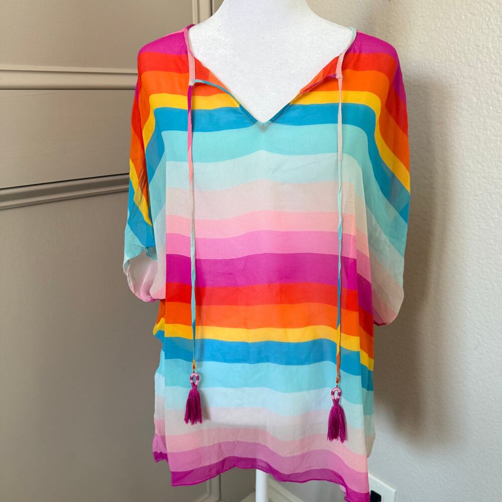 Trina Turk Sobe Silk Rainbow Stripe Tassel Top XS S 25th Anniversary Sheer